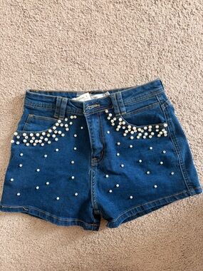 Kiwi Pearl-Embellished Blue Denim Shorts